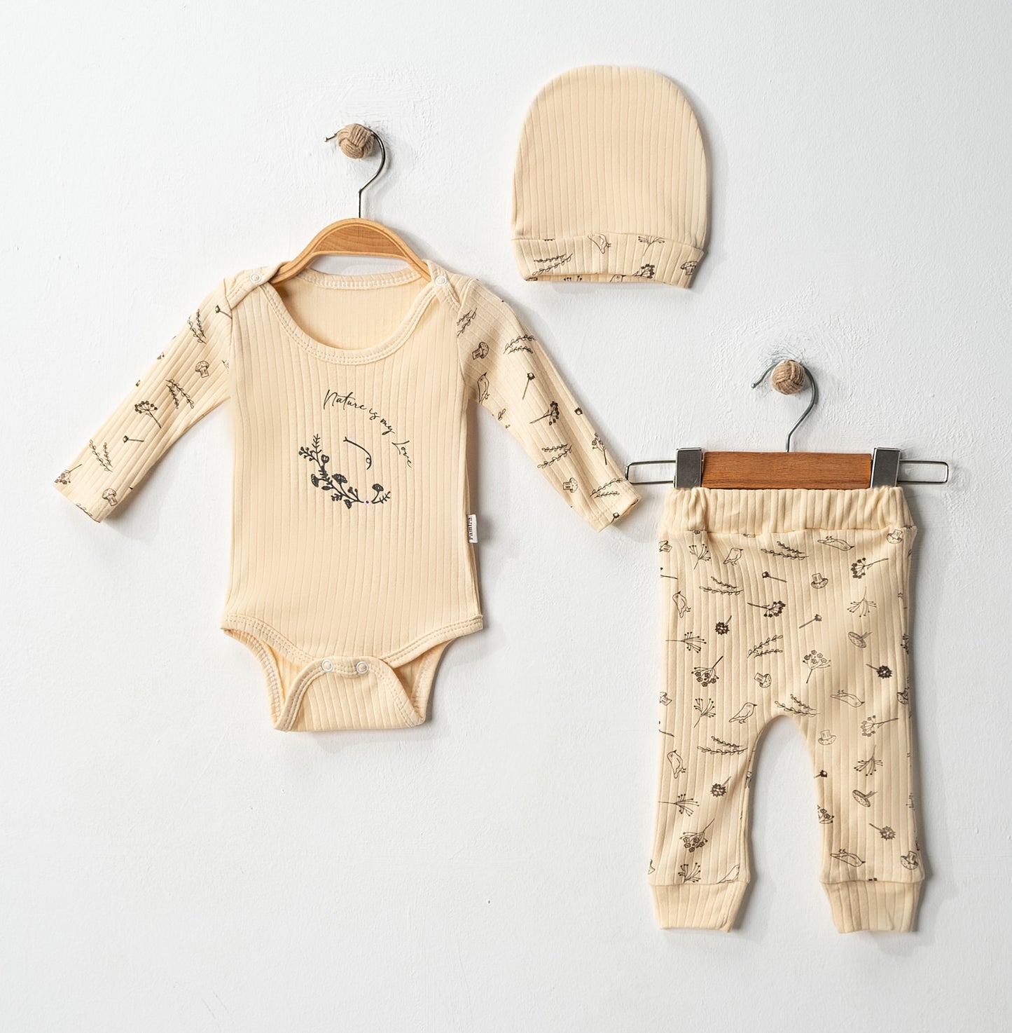 PAMIRA Bebek Yenidogan ZIBIN Alt Bereli Set Nature Desenli Bej
